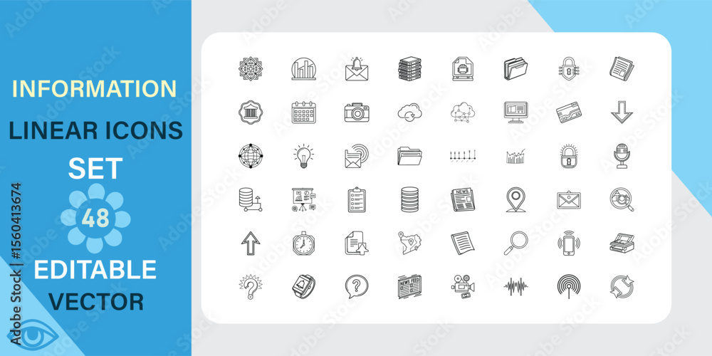 Poster 48 editable vector linear icons depicting information, data, web elements, and communication symbols