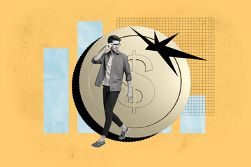 Banner full 3d artwork collage of happy businesswoman businessman receive dollar capital coin bag...
