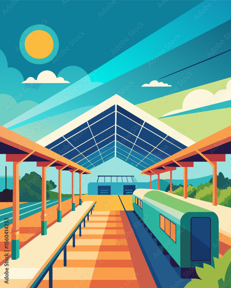 Poster a spacious train station with a large courtyard covered in solar panels creating a peaceful and envi