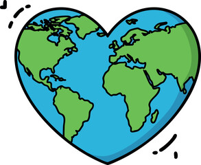 Obraz premium Heart shaped earth planet globe illustration with continents in blue and green colors for love and environment concept