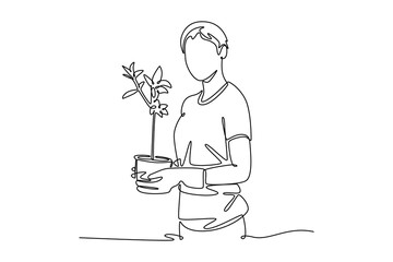 Planting tree in city concept. Single line draw design. Vector graphic illustration