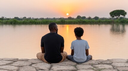 Father and son bonding over go game during golden hour by the river leisure activity scenic environment chinese cultural elements