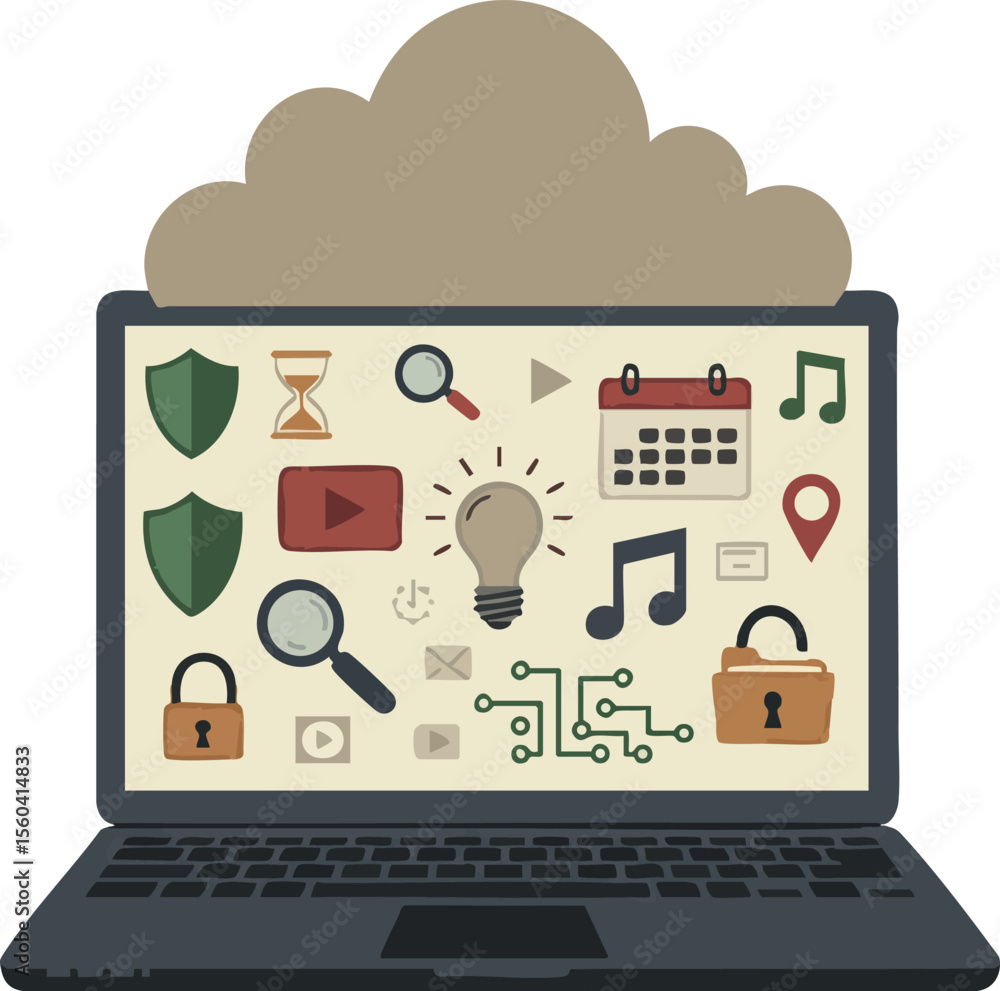 Aufkleber laptop with cloud and digital icons representing security technology and multimedia concepts in flat