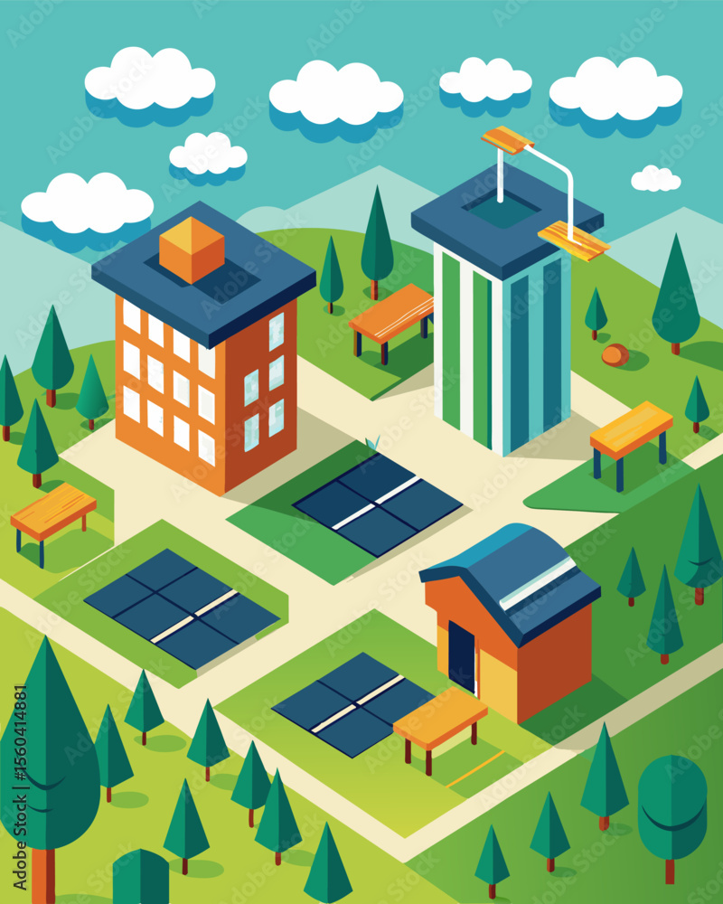 Poster a university campus equipped with multiple solar charging stations serving as gathering spots for st