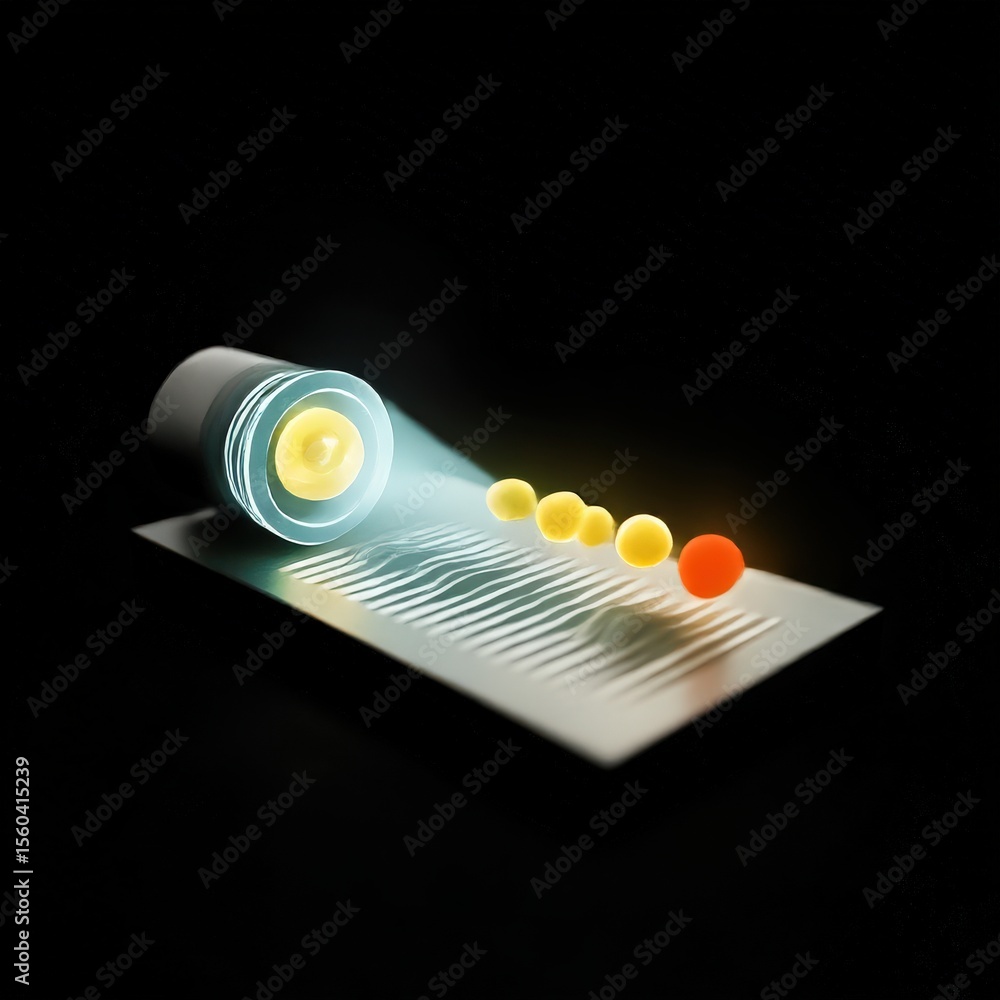 Poster material science nanomaterials concept. illuminated lens projecting colored orbs onto a surface.
