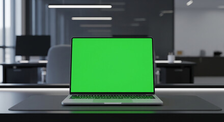 Laptop Mockups with Green Screens – Office Backgrounds Blurred, No People – UI/UX Design Presentation, Product Display, and Branding Showcase Ready