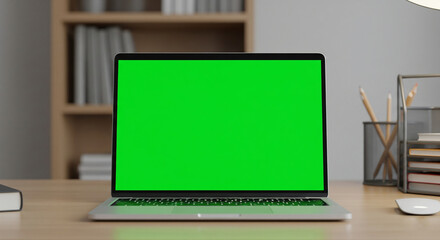 Laptop Mockups with Green Screens – Office Backgrounds Blurred, No People – UI/UX Design Presentation, Product Display, and Branding Showcase Ready