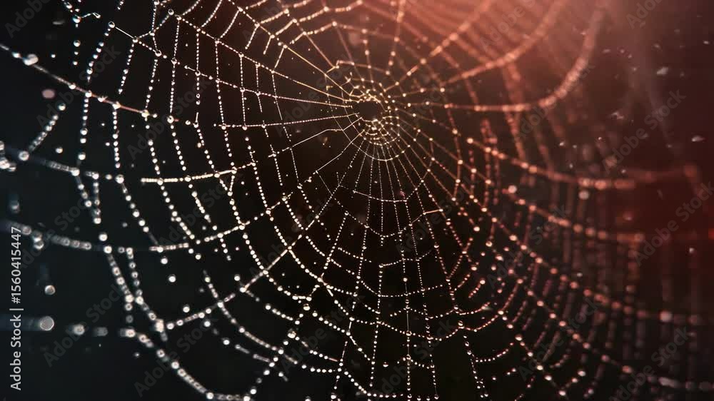 Poster a close-up of a spider web with tiny water droplets, perfect for use in nature, science or environme
