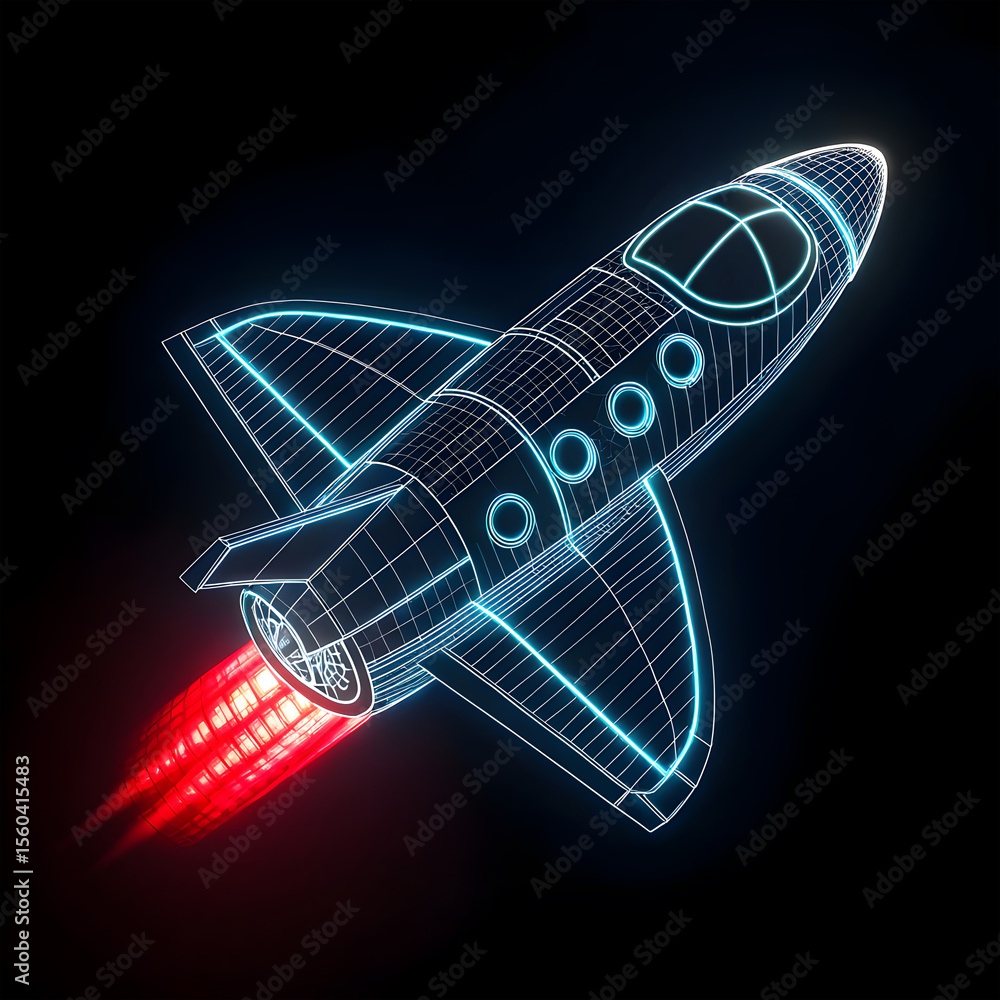 Fototapete digital wireframe of a neon glowing spaceship, glowing blue with detailed contours and a futuristic 