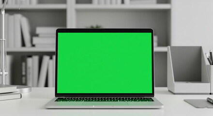 Laptop Mockups with Green Screens – Office Backgrounds Blurred, No People – UI/UX Design Presentation, Product Display, and Branding Showcase Ready
