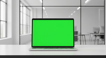 Laptop Mockups with Green Screens – Office Backgrounds Blurred, No People – UI/UX Design Presentation, Product Display, and Branding Showcase Ready