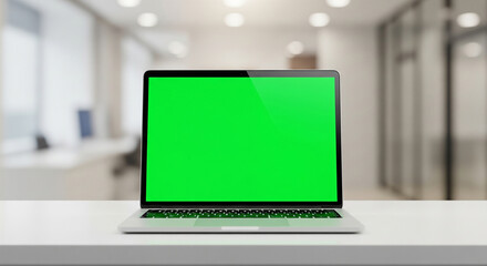 Laptop Mockups with Green Screens – Office Backgrounds Blurred, No People – UI/UX Design Presentation, Product Display, and Branding Showcase Ready
