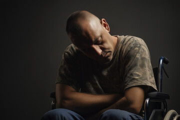 A man sits in a wheelchair with his head down depicting depression, pain, disability and social issues in somber light.