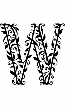 Elegant black floral initial letter w in decorative vine design on a transparent background