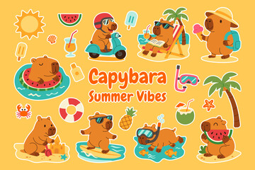 A collection of cute animal stickers with a yellow background that says "CAPYbara Summer Vibes"