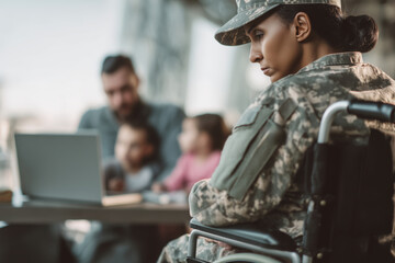 Female veteran in wheelchair contemplates family life, showcasing military service and the importance of family bonds.