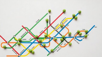 Colorful subway map with green markers on routes