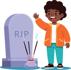 Boy waving hand next to gravestone with incense sticks vector illustration for memorial or remembrance concept