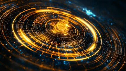 Abstract digital vortex with glowing golden and orange lines and intricate circuit patterns on a dark background, representing technology and data flow. - Powered by Adobe