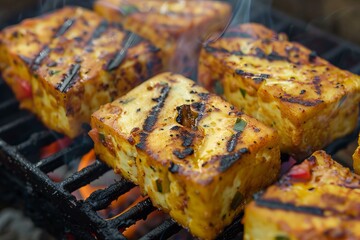 Delicious chunks of tofu are grilling on a barbecue, seasoned with spices, red peppers, and green onions