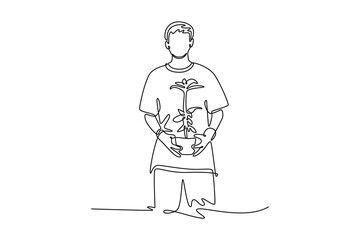 Planting tree in city concept. Single line draw design. Vector graphic illustration