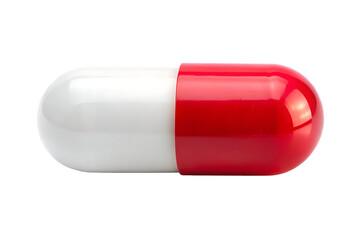 Single red and white capsule pill with glossy surface against a black background isolated on a transparent background