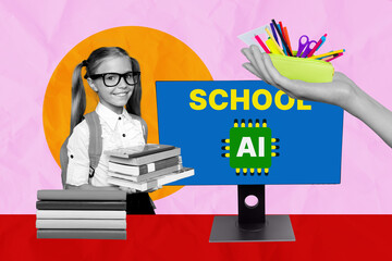 3d pop image sketch art collage of happy schoolgirl hold book stack stand pc monitor cyber courses back to school education pencil-case
