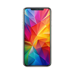 Smartphone with colorful abstract geometric wallpaper display isolated on a transparent background mobile phone