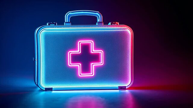 Brightly lit first aid kit in neon colors emphasizing essential safety and health items available