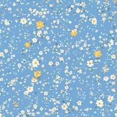 Dainty Floral Elements in a Seamless Pattern on a Soft Blue Background