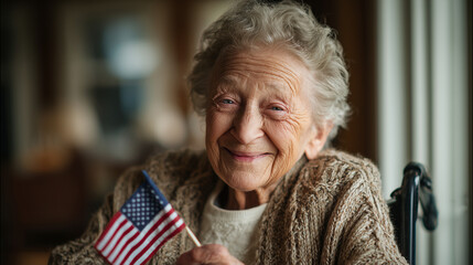 An elderly woman smiling while holding the American flag, symbol of patriotism, pride, and freedom, perfect for themes of independence, culture, and national spirit.