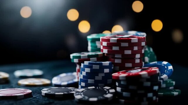 Stacks of colorful poker chips on a dark table,  illuminated by soft, warm lights in the background.  Chips in various colors,  red, green, blue, and black, are neatly stacked,  