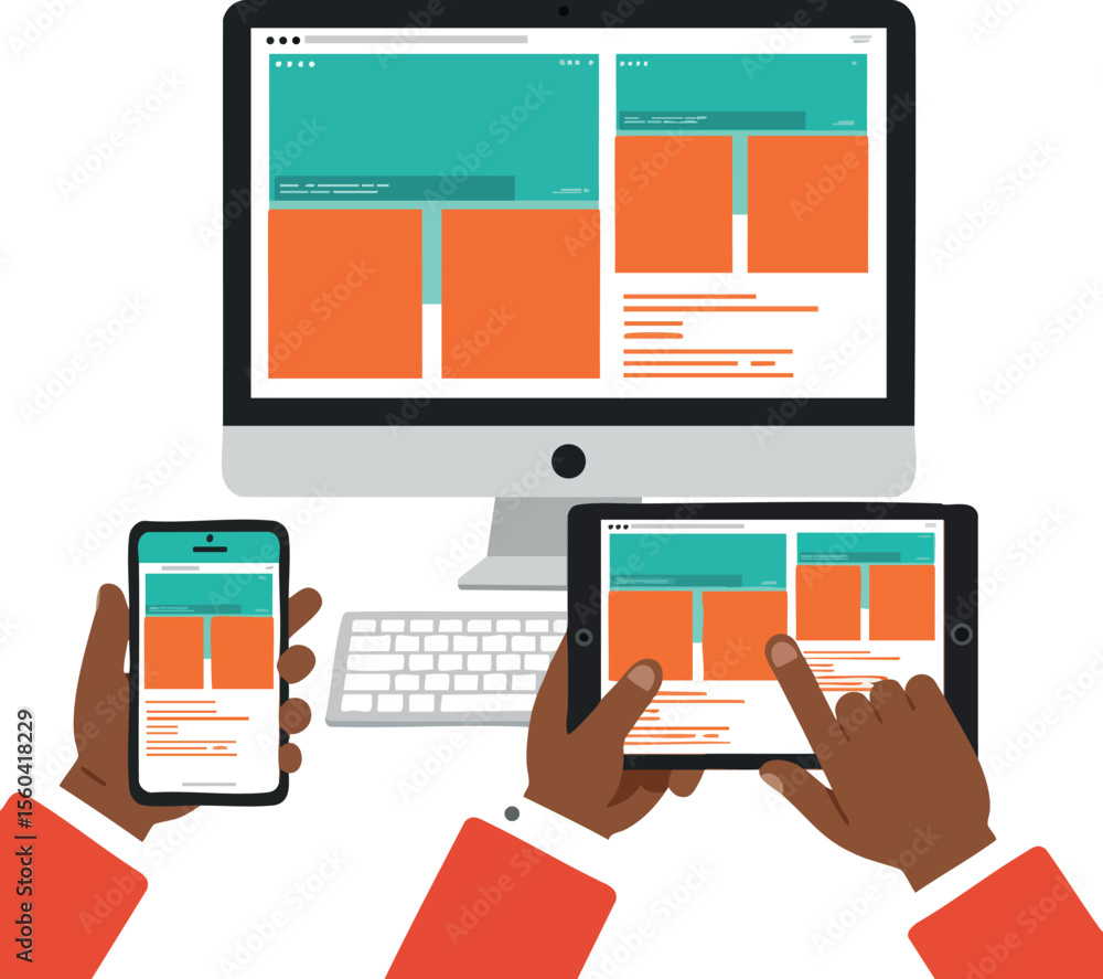 Poster digital marketing concept with responsive web design on desktop tablet and smartphone in modern flat