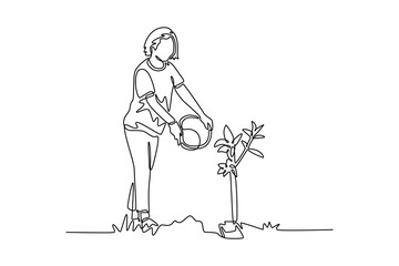 Planting tree in city concept. Single line draw design. Vector graphic illustration