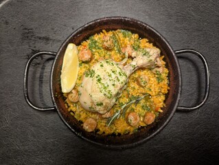 Top-down view of chicken and sausage paella in a round black pan with lemon and rosemary. Rich,...