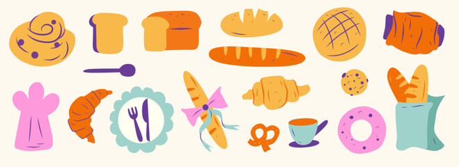Hand drawn breakfast doodles set. Vector illustration of food and coffee cartoon drawing style for invitations, menus, parties. Minimalist line art. La dolce vita italian style. Pastry bakery elements