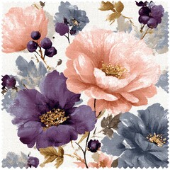 Artistic floral pattern featuring large peach, purple, and blue flowers with golden centers on a textured white background.