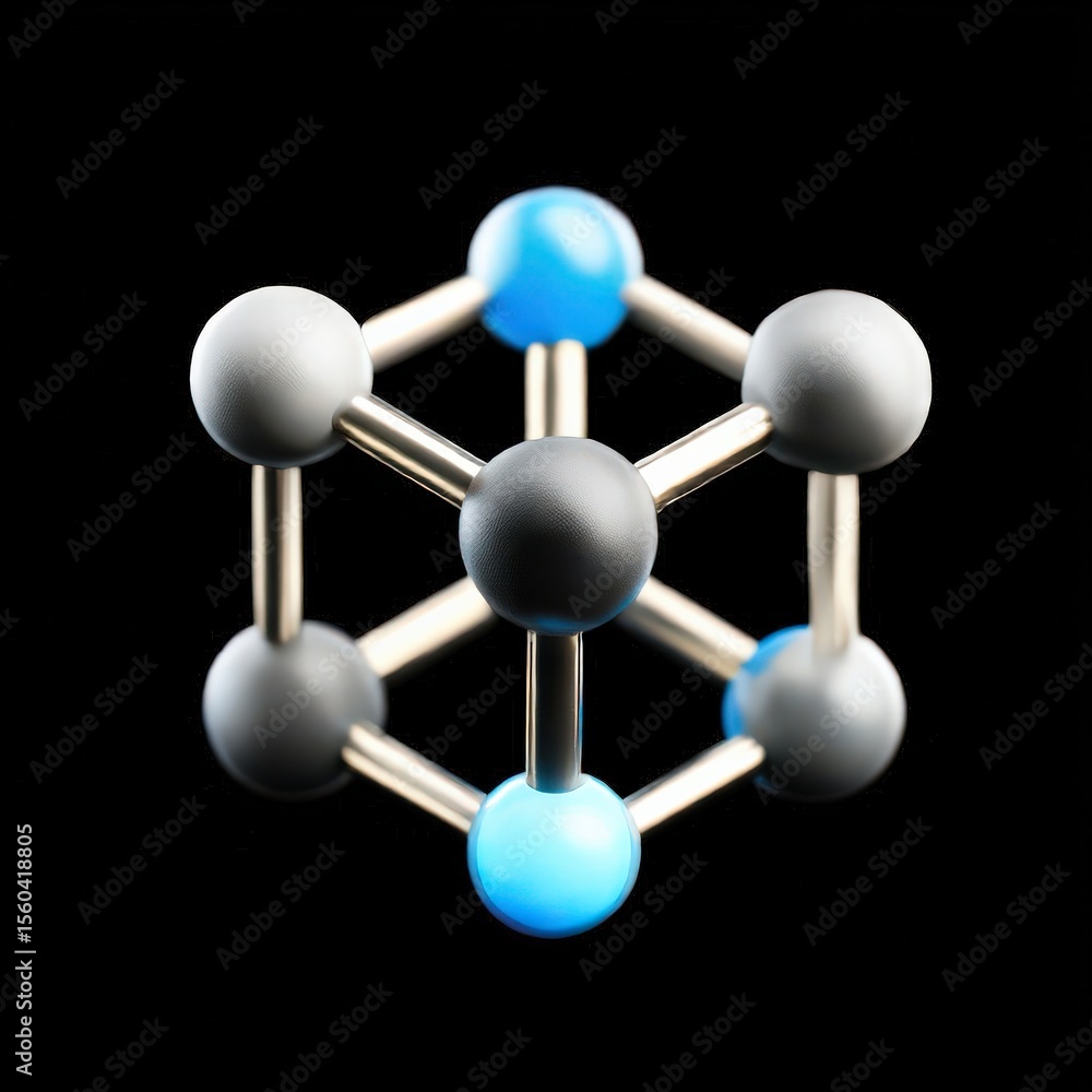 Poster material science nanomaterials concept. 3d molecular model with colorful atoms on a black background