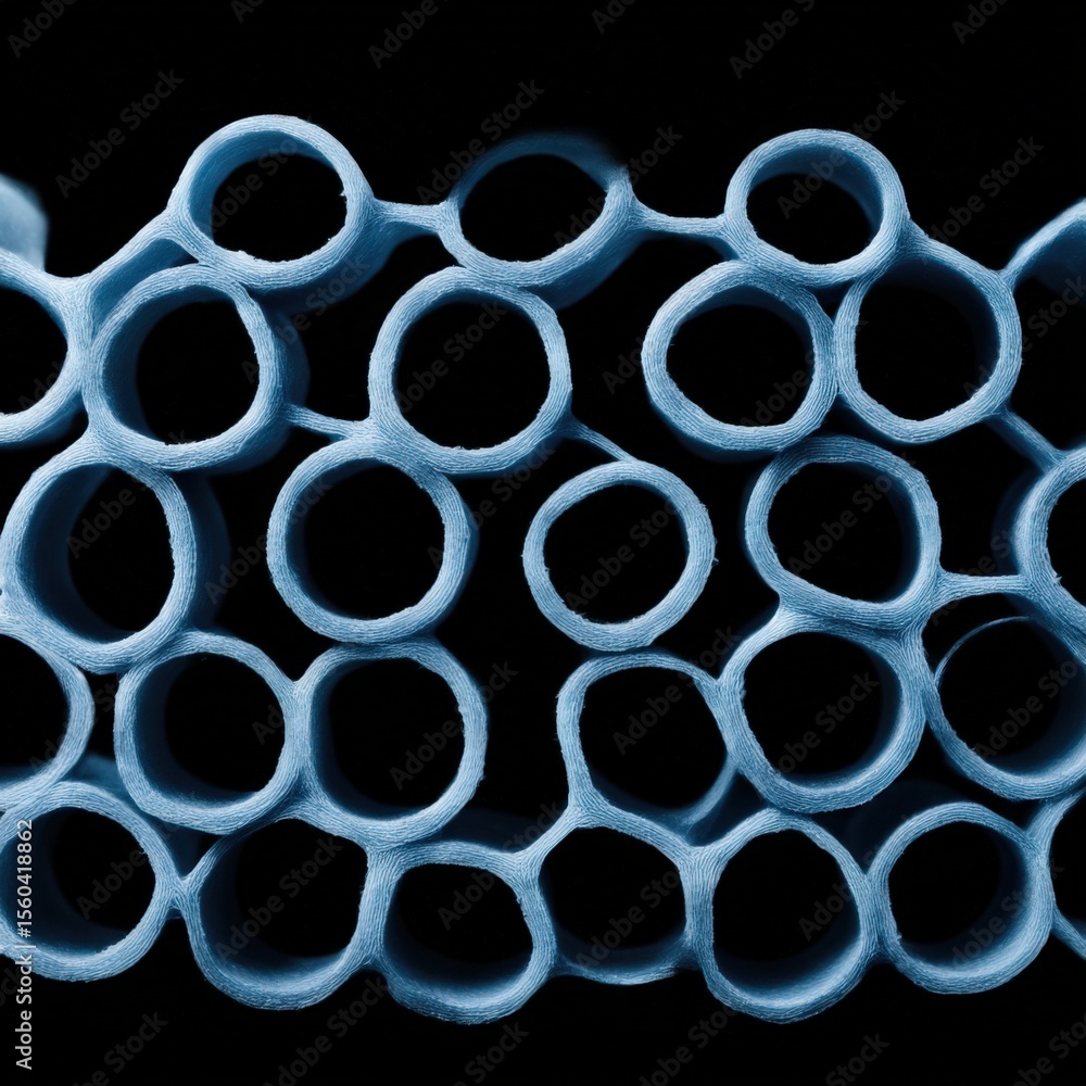 Poster material science nanomaterials concept. abstract pattern of interconnected circular tubes in blue an