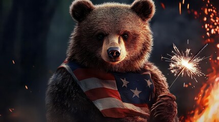 Fourth of July bear holding a sparkler. A playful woodland creature enjoys a festive summer evening celebration with a glowing firework.