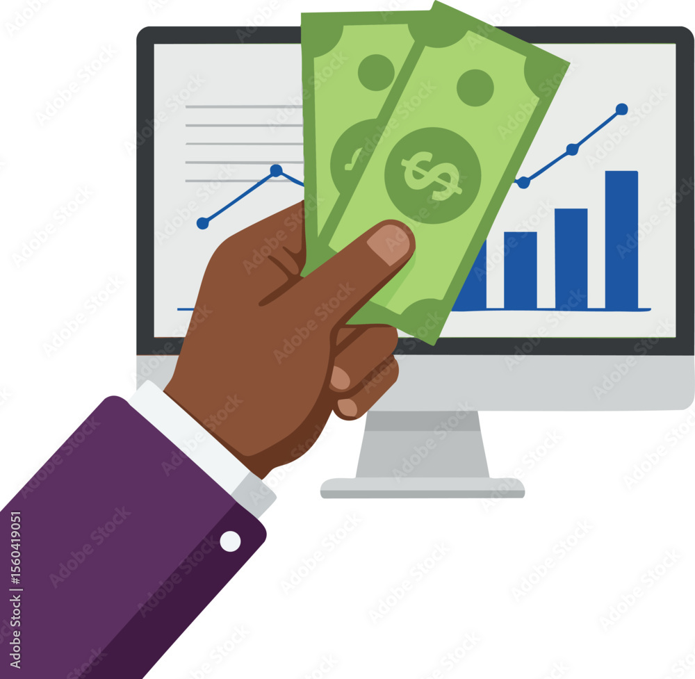 Poster hand holding dollar bills in front of computer screen with financial graph showing growth and succes