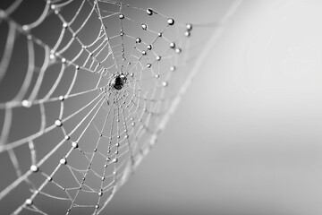 A delicate spider web glistens with droplets in a calming black-and-white setting, showcasing intricate patterns and natural beauty in a minimalist style.