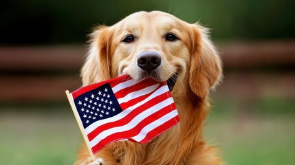 happy golden retriever dog holding American flag in mouth. A cheerful canine companion proudly displays patriotic emblem.