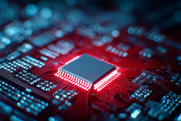Macro image of a security chip on a motherboard, illuminated by cold LED lighting, blurred circuit lines for futuristic look,