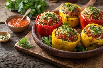 Gefüllte Paprika mit Reis Gemüse mediterranes Gericht vegan vegetarisch buntes Ofengericht gesunde Hausmannskost Paprika Rezept Gemüsefüllung Comfort Food Foodfotografie Herbstküche Paprika Mix