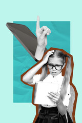 Poster image artwork pop collage of puzzled schoolgirl hold notepad hand peek phone device...