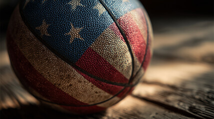 Close up of a basketball decorated with the American flag, symbol of USA sports, patriotism, competition, and national pride, perfect for athletic and cultural themes.