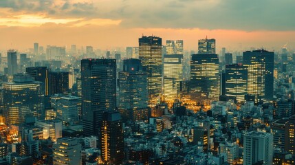 Fototapeta premium Tokyos vibrant cityscape at sunset.