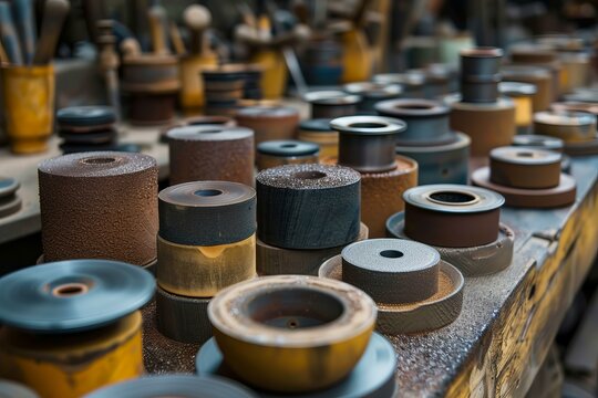 Various grinding wheels, sanding discs, and other spare parts arranged on a workshop table, showcasing the tools of a craftsman or industrial setting