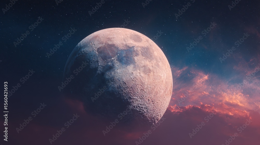 Poster majestic mountains at dusk under a half moon in the sky at dusk, with hazy layering effect of distan